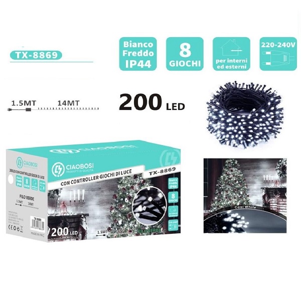 Stringa 200 Led 14mt Bianco Freddo Con 8 Giochi di Luci IP44